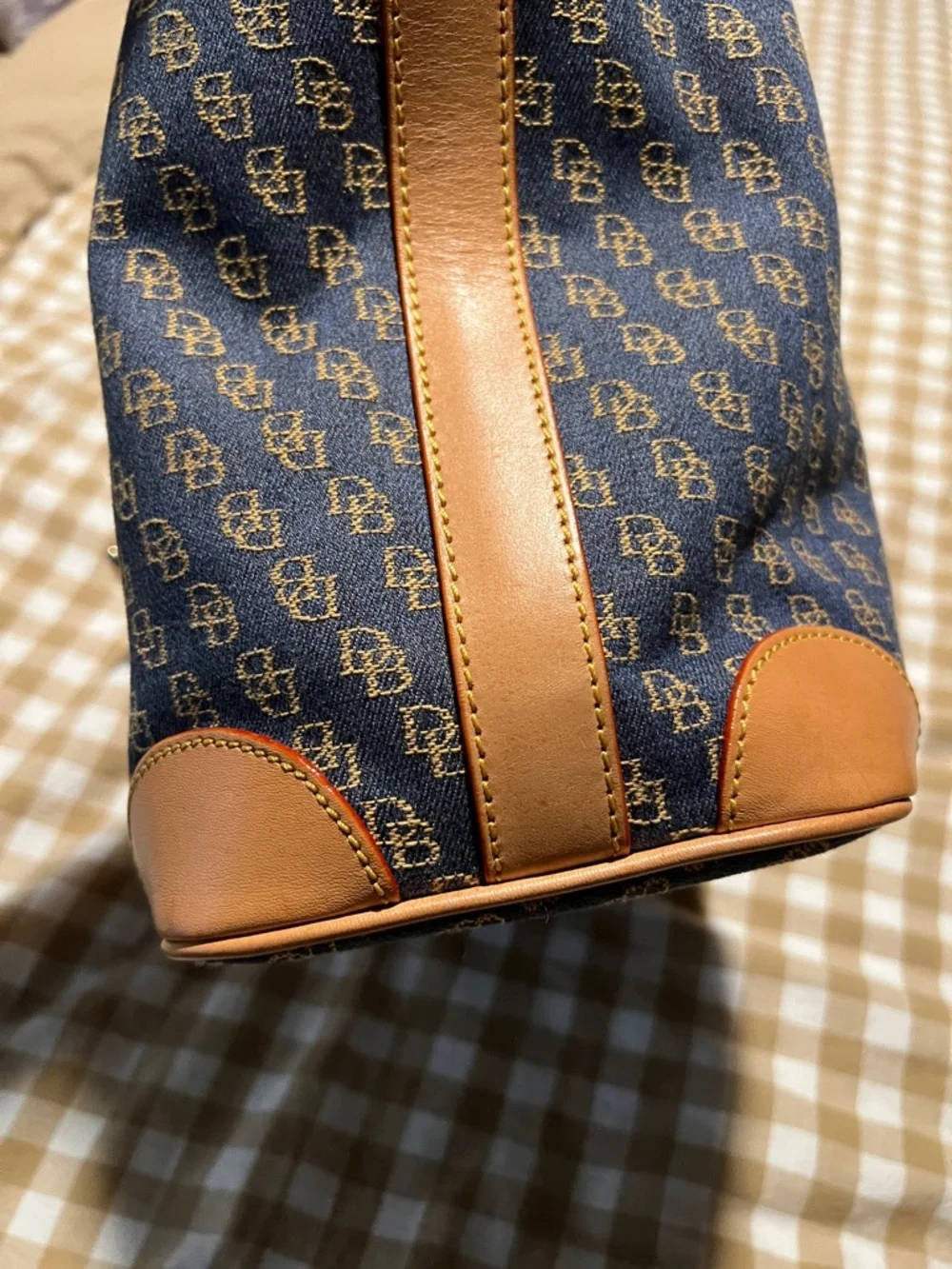 Dooney & Bourke Navy and Tan Signature DB Hobo Shoulder Bag